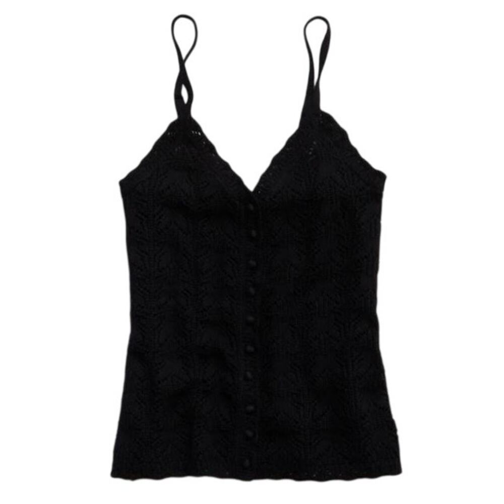 Aerie Crochet Knit Button Sweater Tank Top 100% Cotton - Black - Medium